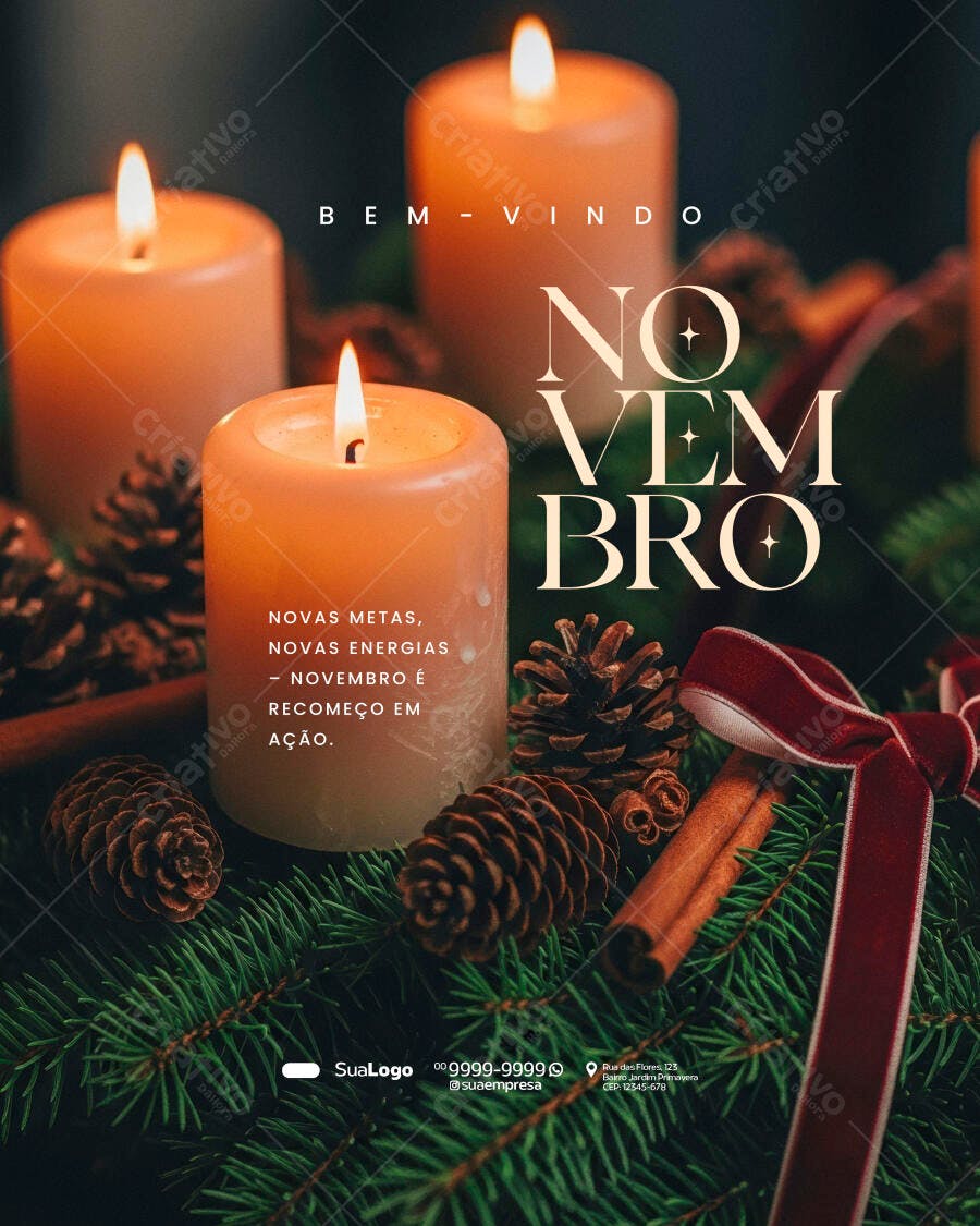 Flyer Bem-vindo Novembro Velas Pinhas Mensagem Recomeço PSD Editável