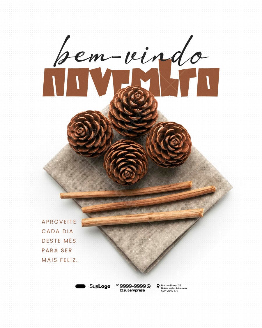 Flyer Boas-Vindas Novembro Pinhas e Canela PSD Editável