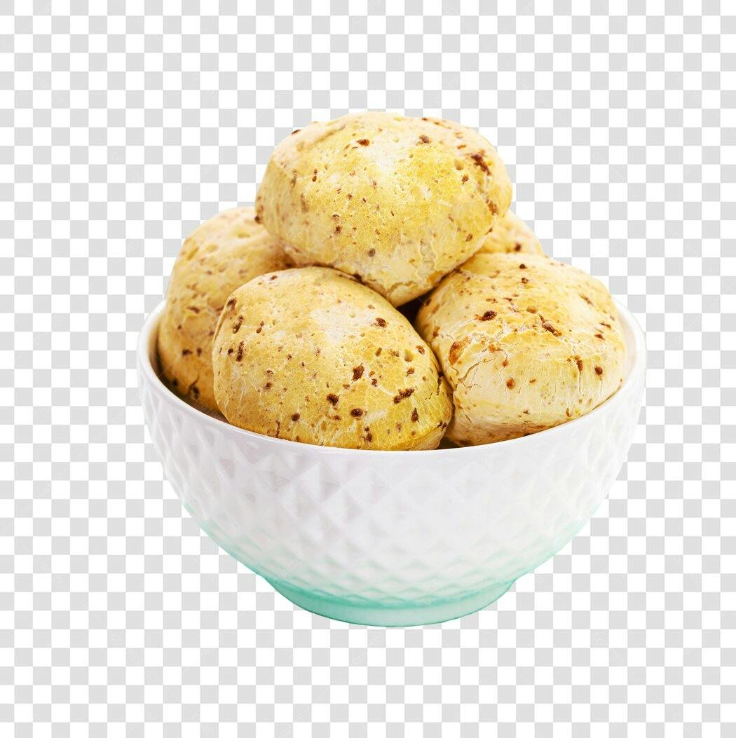 Imagem Pão de Queijo Brasileiro em tigela branca e verde água PNG com fundo transparente