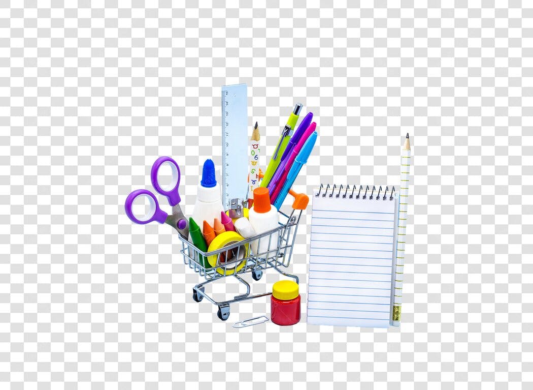 Kit de Materiais Escolares e de Escritório Coloridos em Carrinho de Compras PNG com fundo transparente