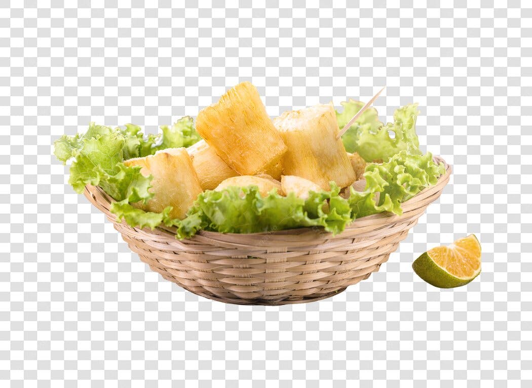 Foto Mandioca Frita na Cesta com Alface Limão Amarelo Verde PNG com fundo transparente