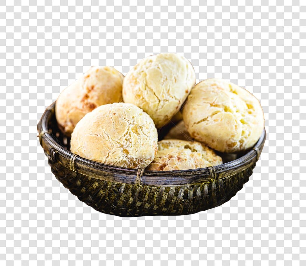Elemento Gráfico Pão de Queijo em Cesta Rústica Dourada PNG com fundo transparente