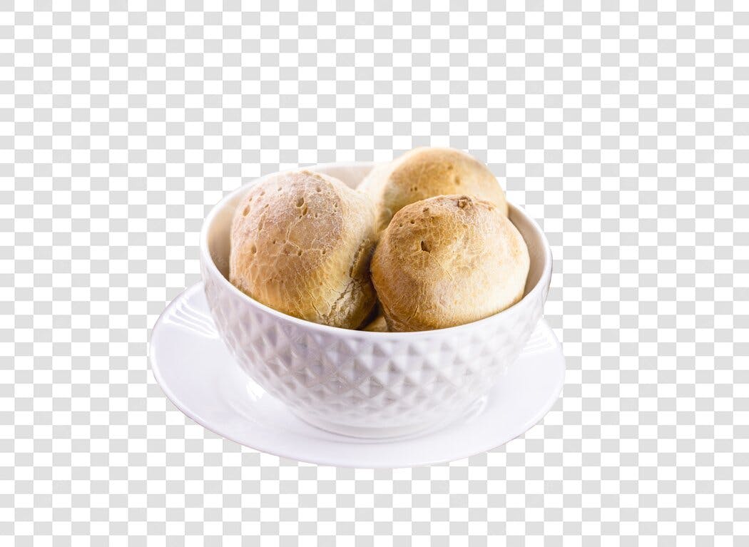Foto para cardápio de pães de queijo frescos em tigela branca PNG com fundo transparente