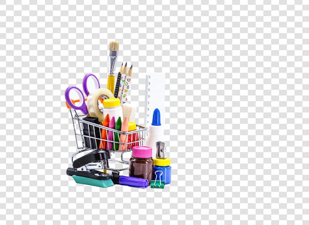 Kit de Material Escolar Colorido em Carrinho de Compras PNG com fundo transparente