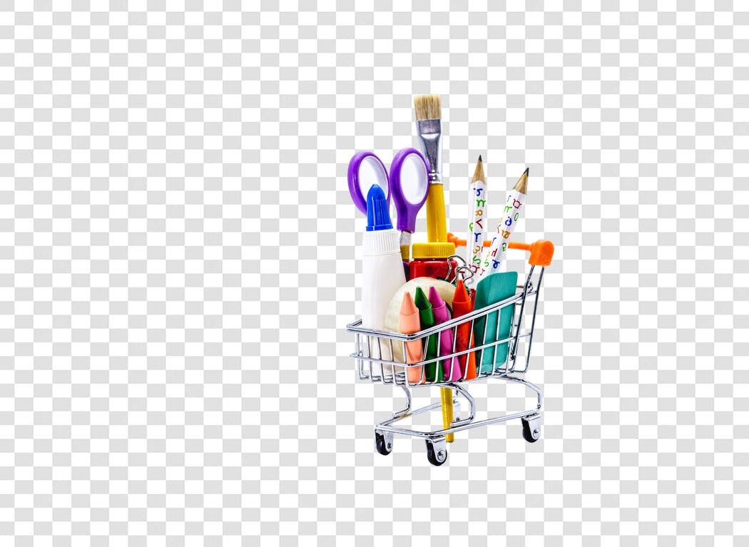 Material Escolar Volta às Aulas Carrinho de Compras Cores Vibrantes PNG com fundo transparente