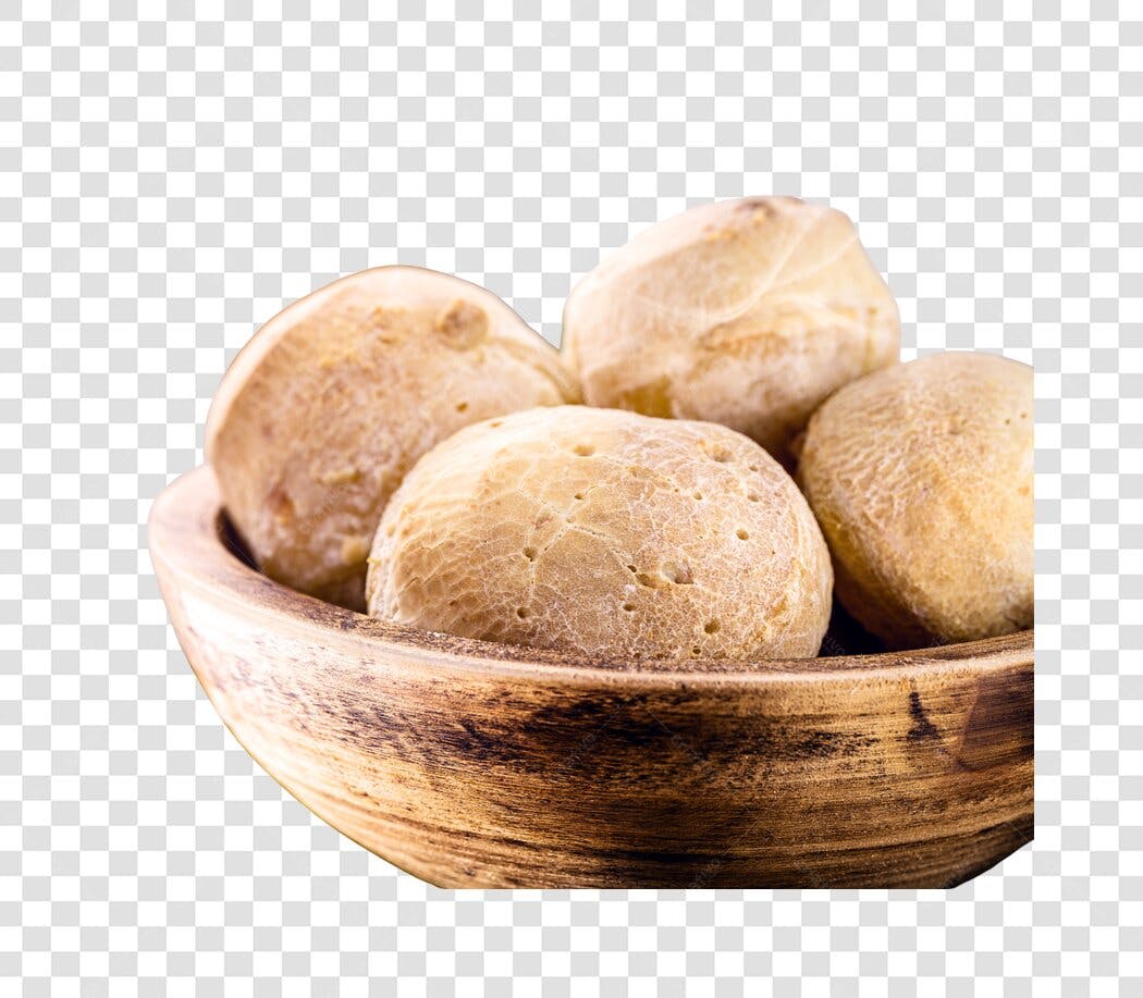 Elemento Gráfico Pão de Queijo em tigela de madeira PNG com fundo transparente