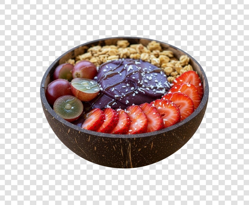 Tigela de Açaí com Morango Uva Granola PNG com fundo transparente