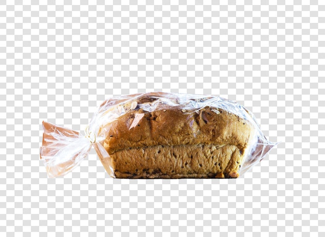 Pão de forma integral embalado em plástico PNG com fundo transparente
