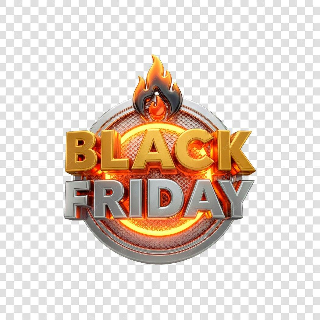 Badge Black Friday 3D com Chamas Neon Dourado Prata PNG com fundo transparente