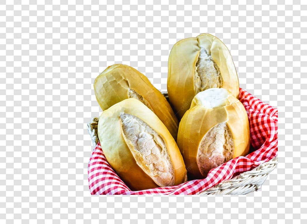 Imagem para padaria Pães franceses frescos cesta com pano xadrez PNG com fundo transparente