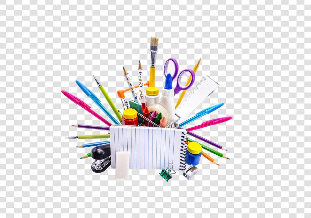 Kit Material Escolar e de Escritório Colorido PNG com fundo transparente
