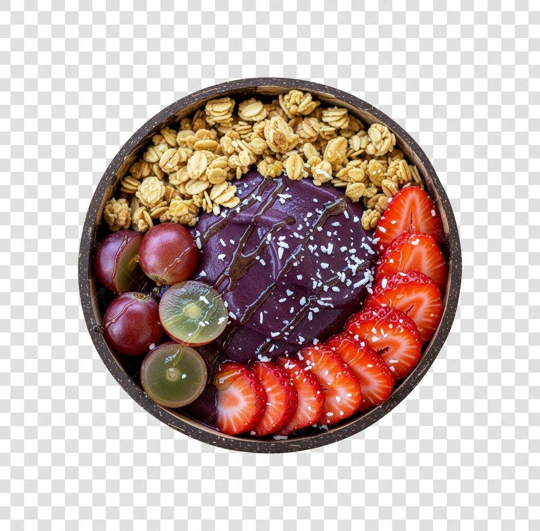 Alimento Tigela de Açaí com Morangos Granola Uvas PNG com fundo transparente