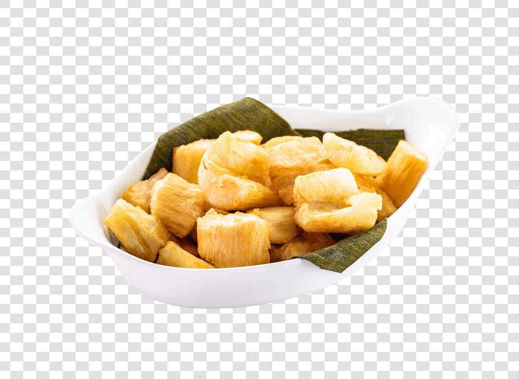 Imagem de Mandioca Frita Petisco em Tigela Branca com Folha Verde PNG com fundo transparente