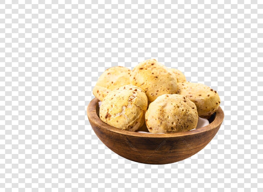 Imagem de Pão de Queijo em tigela de madeira dourada PNG com fundo transparente
