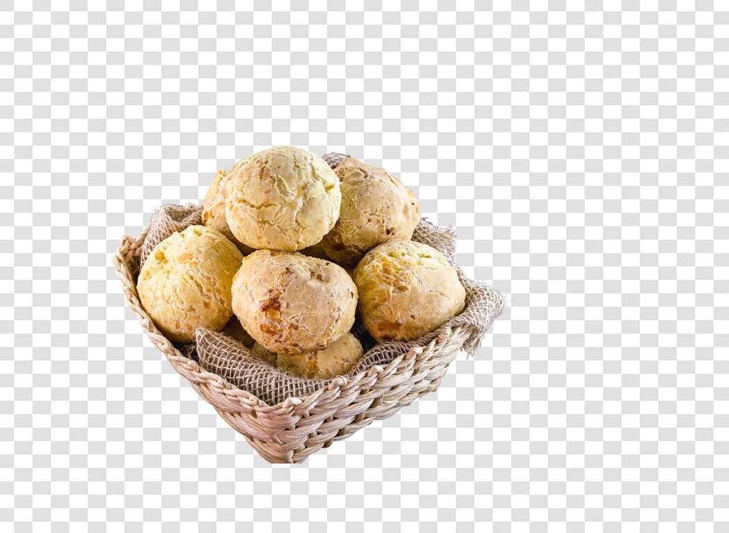 Item de menu Pão de Queijo fresco em cesta para marketing PNG com fundo transparente
