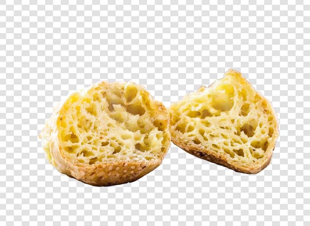 Elemento Gráfico Pão de Queijo cortado ao meio dourado PNG com fundo transparente