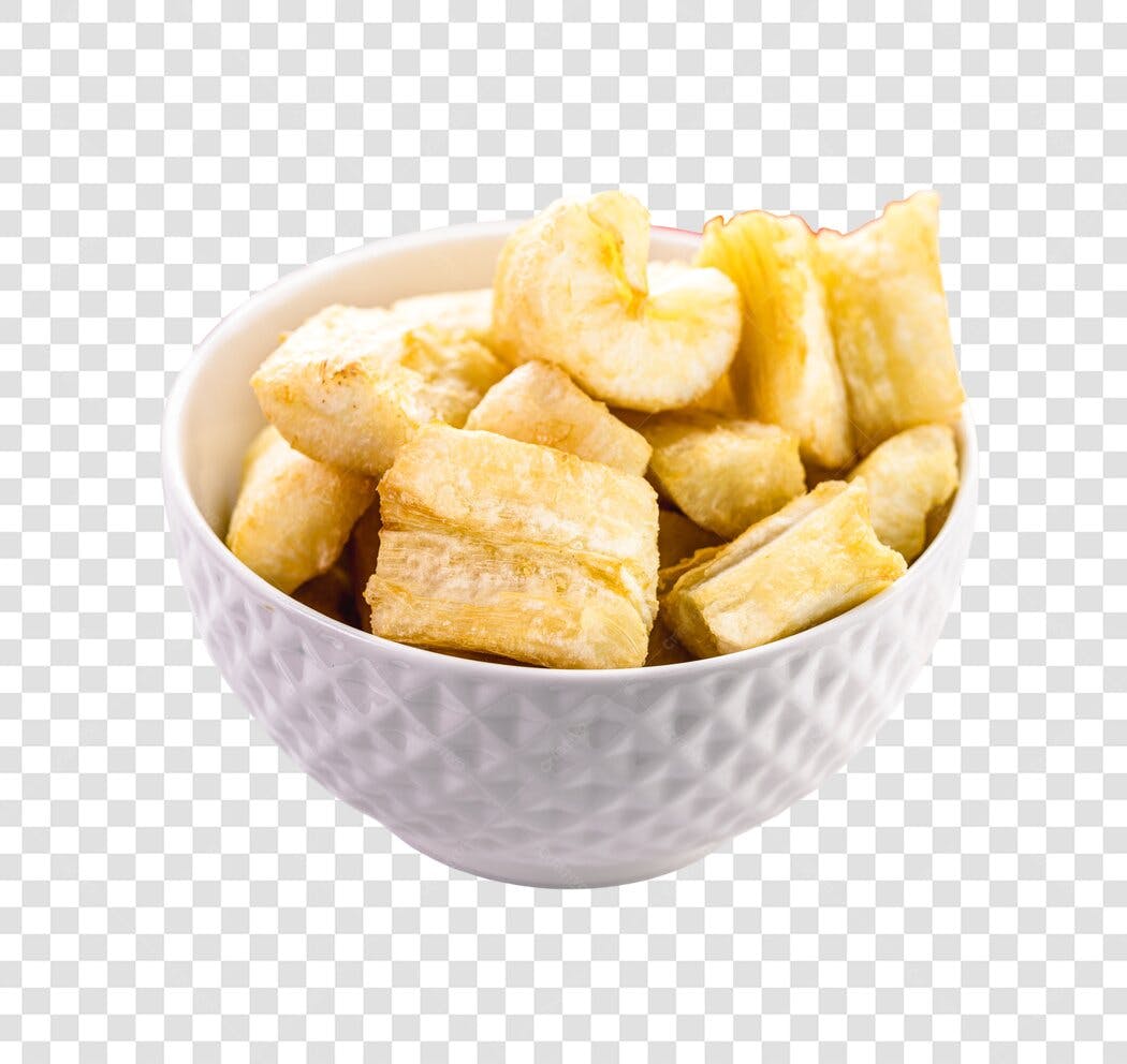 Mandioca Frita Crocante em Tigela Branca PNG com fundo transparente