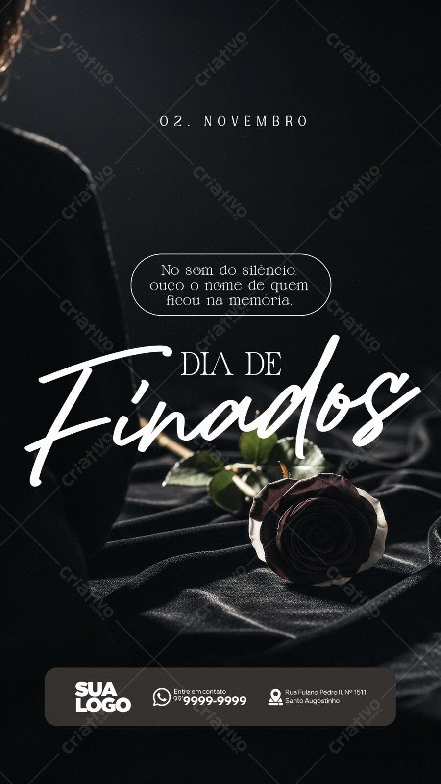 Flyer Dia de Finados 02 Novembro Rosa Escura Fundo Preto PSD Editável