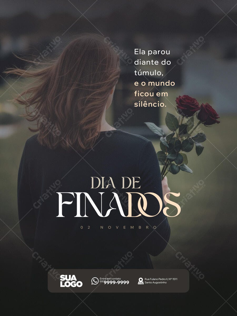 Flyer para Dia de Finados com Mulher e Rosas Vermelhas PSD Editável