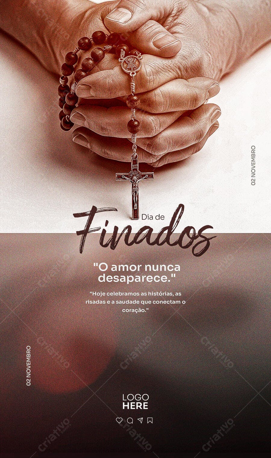 Post Redes Sociais para Dia de Finados Mãos e Rosário PSD Editável