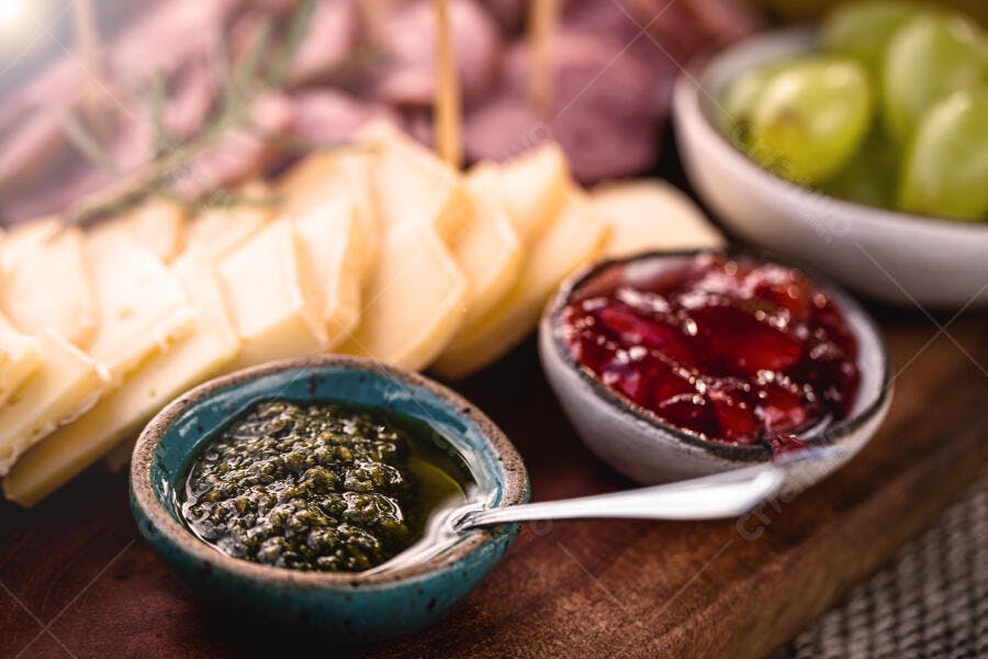 Tábua de Queijos Molho Pesto e Geleia de Frutas Vermelhas em Madeira