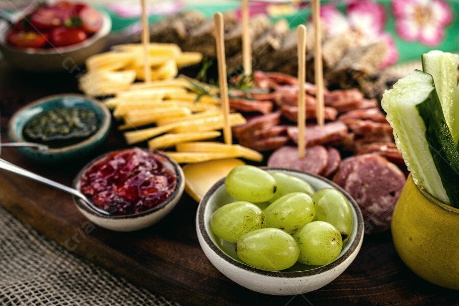 Tábua de frios colorida com queijos uvas e salames para um aperitivo fresco