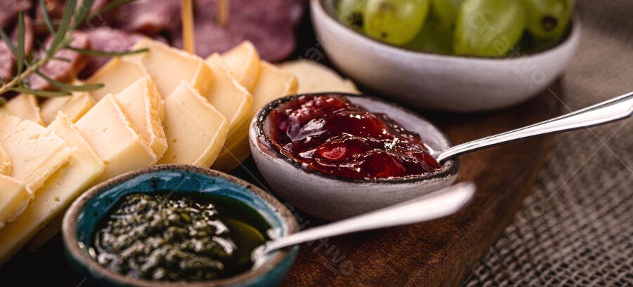 Tábua de queijos com geleia vermelha e pesto para aperitivo