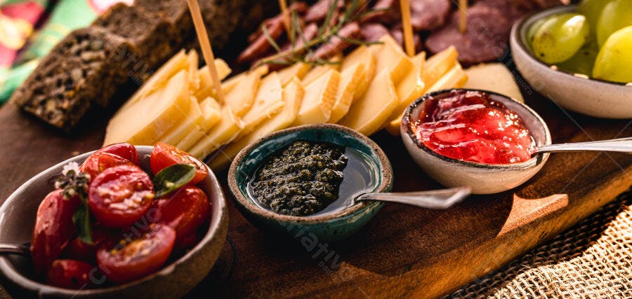 Tábua de frios e queijos com pesto geleia e tomates cereja frescos