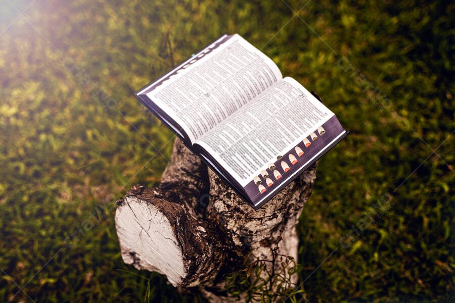 Biblia , Livro aberto em tronco de árvore na natureza com grama verde e luz solar
