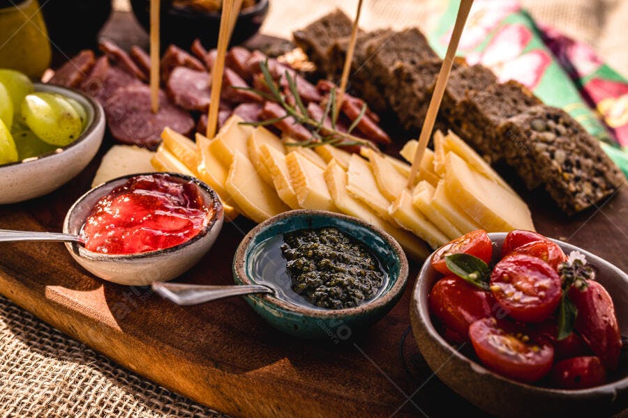 Prato de frios e queijos com geleia pesto e pão rústico em tábua de madeira