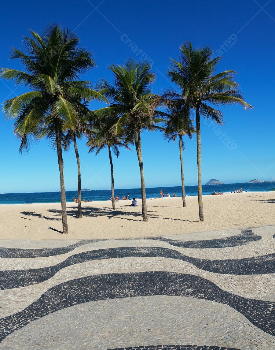 Praia tropical com coqueiros calçadão de ondas pretas e brancas sob céu azul claro