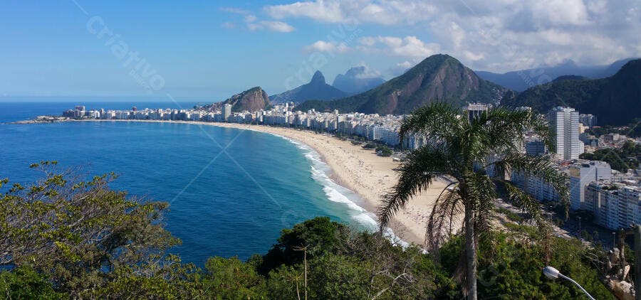 Praia de Copacabana Rio de Janeiro vista panorâmica céu azul e montanhas