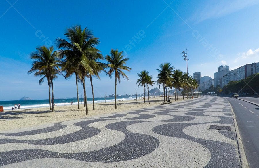 Praia de Copacabana Rio de Janeiro Brasil calçadão mosaico palmeiras e céu azul