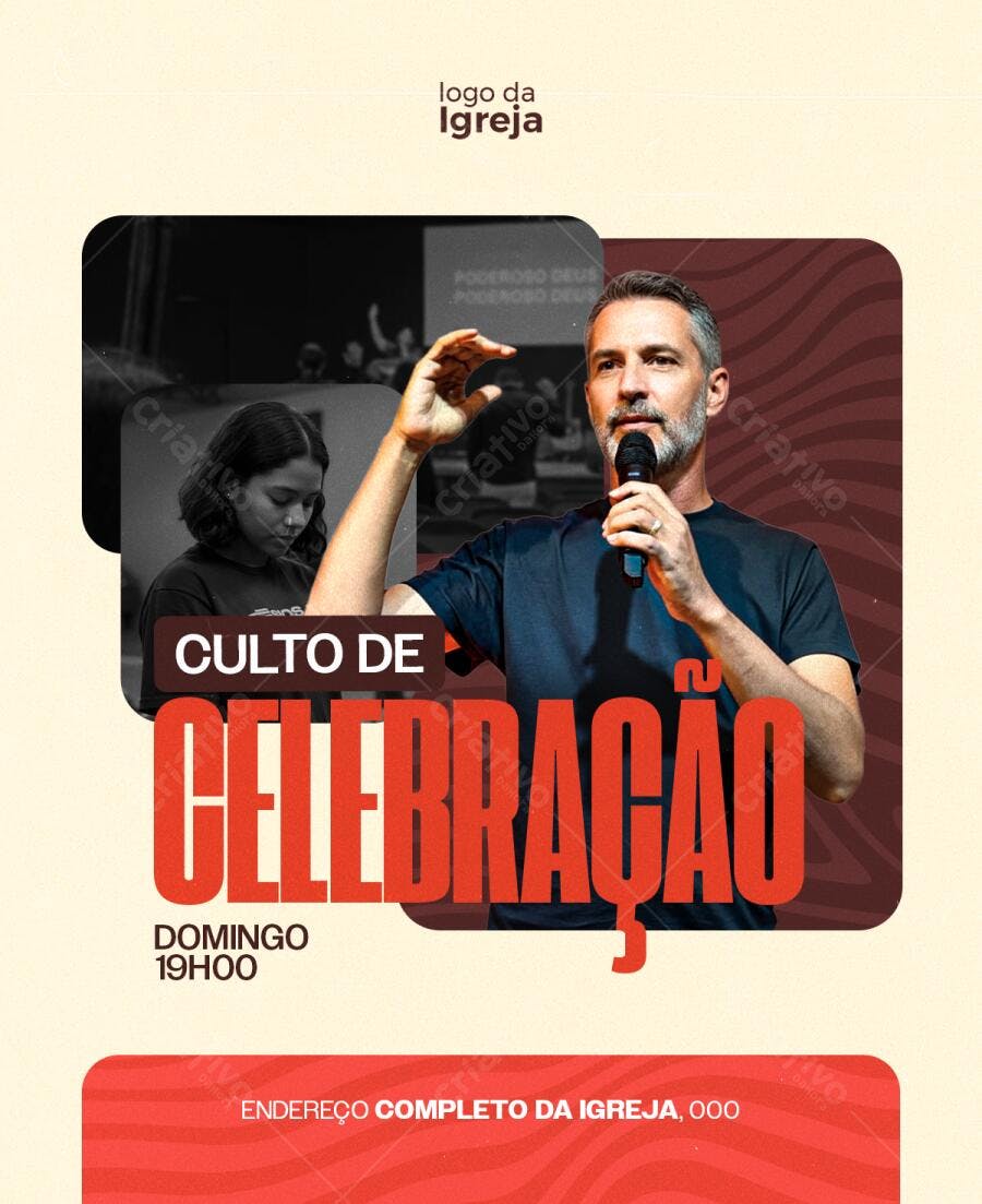 Flyer Culto de Celebração com Pregador Cristão PSD Editável