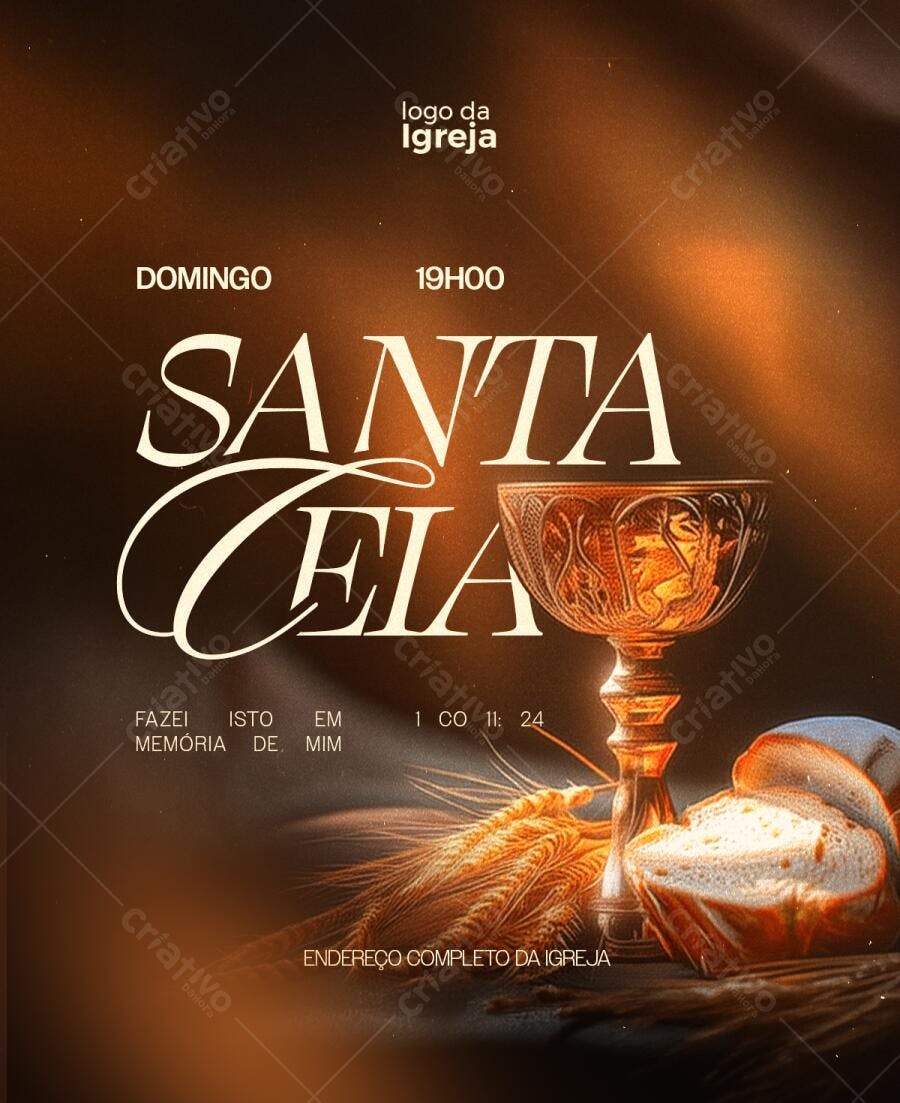Flyer Santa Ceia Igreja com Cálice e Pão PSD Editável