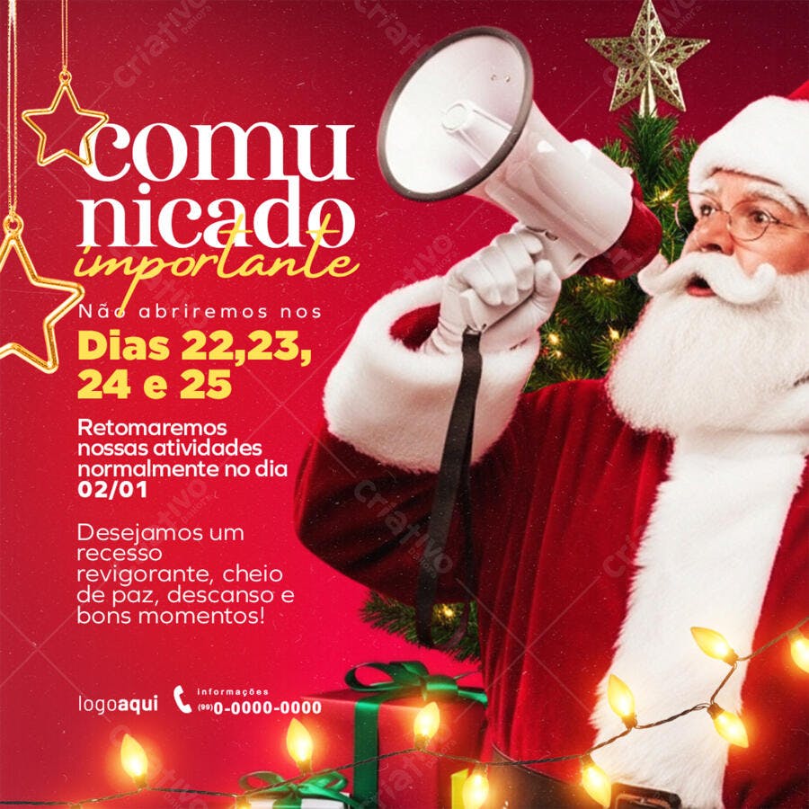 Flyer Comunicado de Natal Recesso Papai Noel PSD Editável