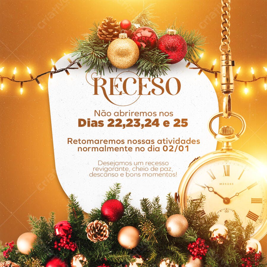 Flyer Recesso Natal Ano Novo com Enfeites e Relógio Dourado PSD Editável