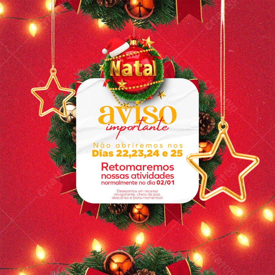 Post de Natal Aviso de Recesso com Guirlanda e Luzes PSD Editável