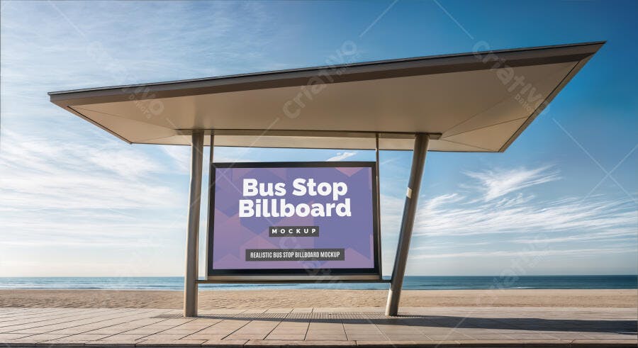 Mockup Realista de Outdoor Digital em Parada de Ônibus na Praia Azul