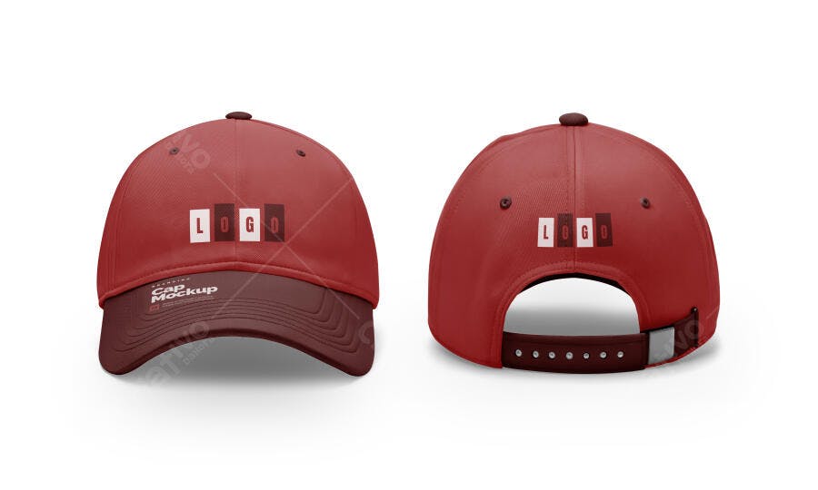 Mockup Boné Vermelho Escuro e Marrom Realista Vistas Frontal e Traseira