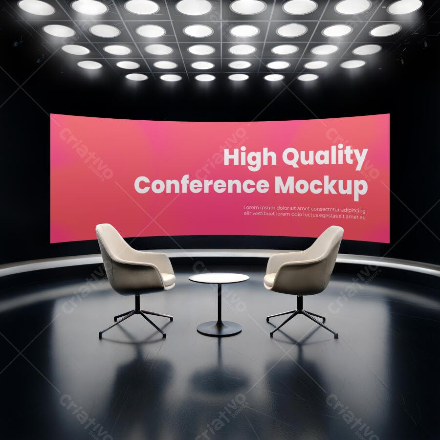 Mockup Cenário de Conferência Moderno com Tela Curva e Cadeiras Minimalistas