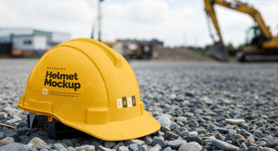 Mockup Realista Capacete de Segurança Amarelo em Canteiro de Obras Profissional