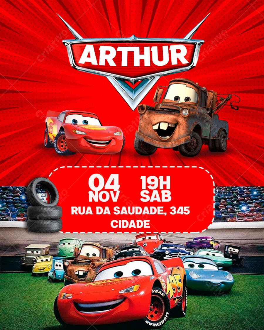 Flyer Convite Aniversário Carros Arthur 04 Nov PSD Editável