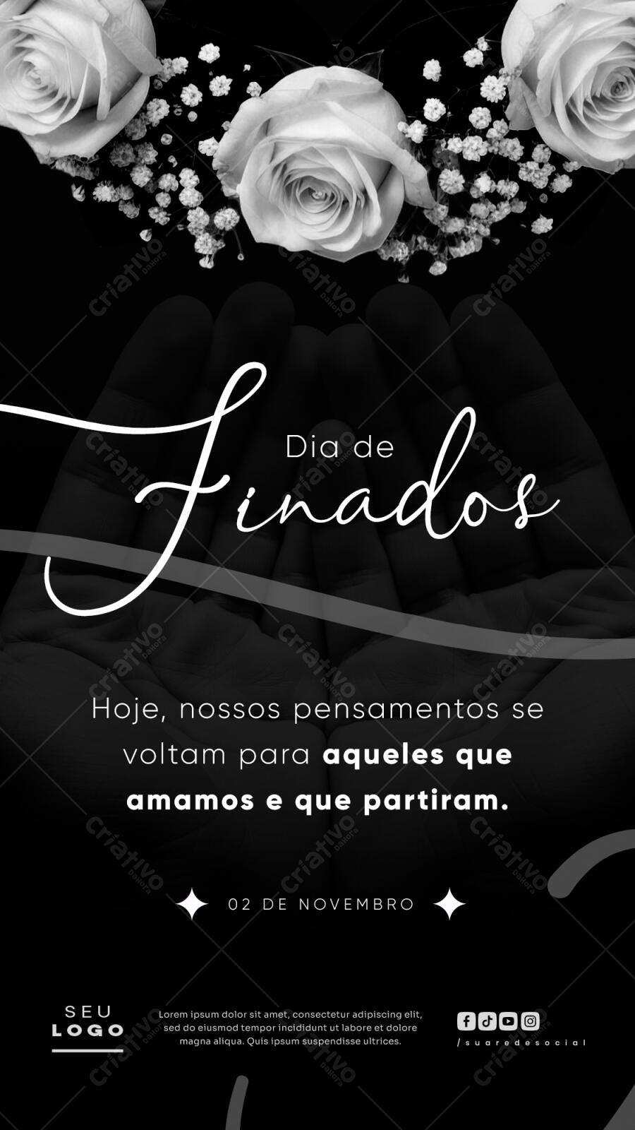 Post Redes Sociais Dia de Finados com Rosas Brancas PSD Editável