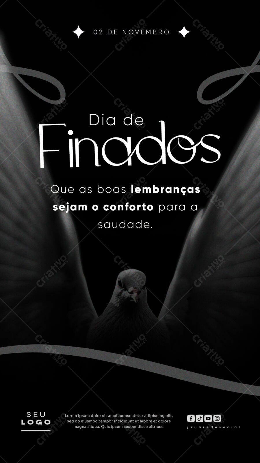 Story Vertical Dia de Finados com Pomba Preto e Branco PSD Editável