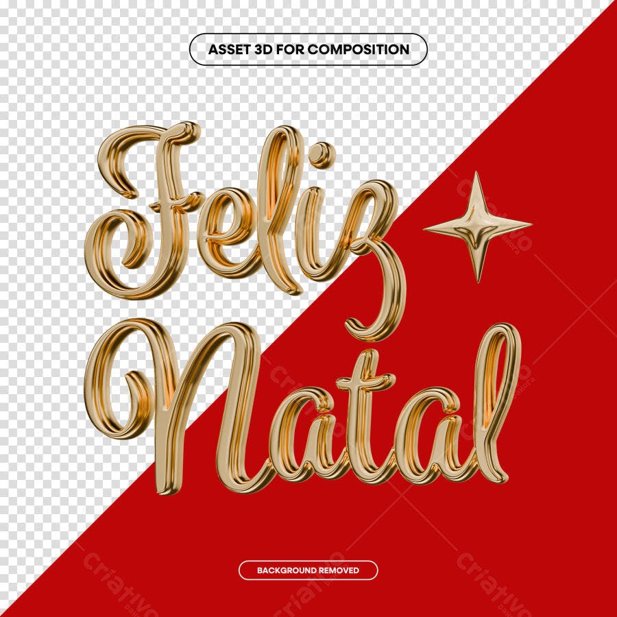 Lettering 3D Dourado para Feliz Natal com Estrela PSD Editável