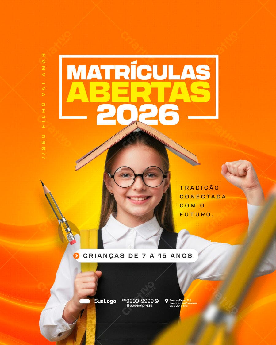 Flyer para Matrículas Abertas 2026 Crianças 7 a 15 Anos PSD Editável
