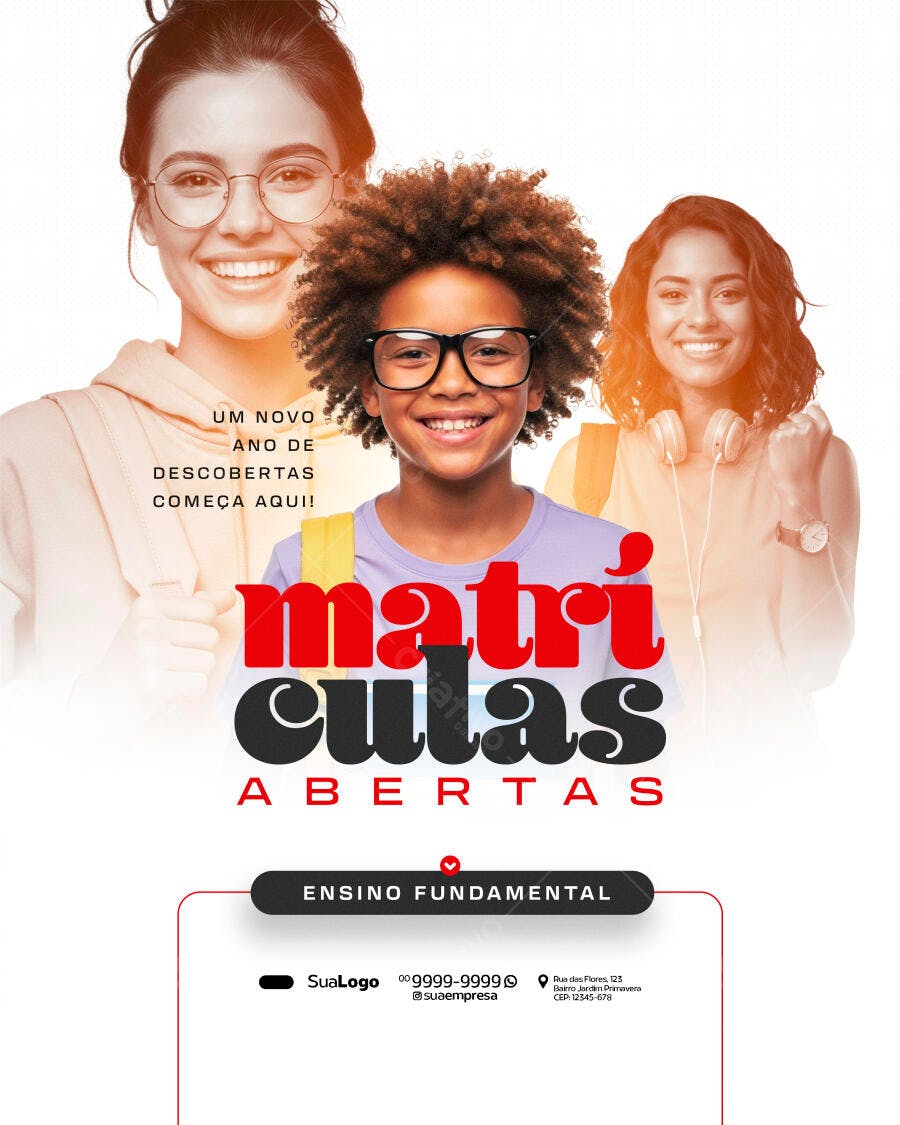 Flyer Matrículas Abertas para Ensino Fundamental com Alunos Sorrindo PSD Editável