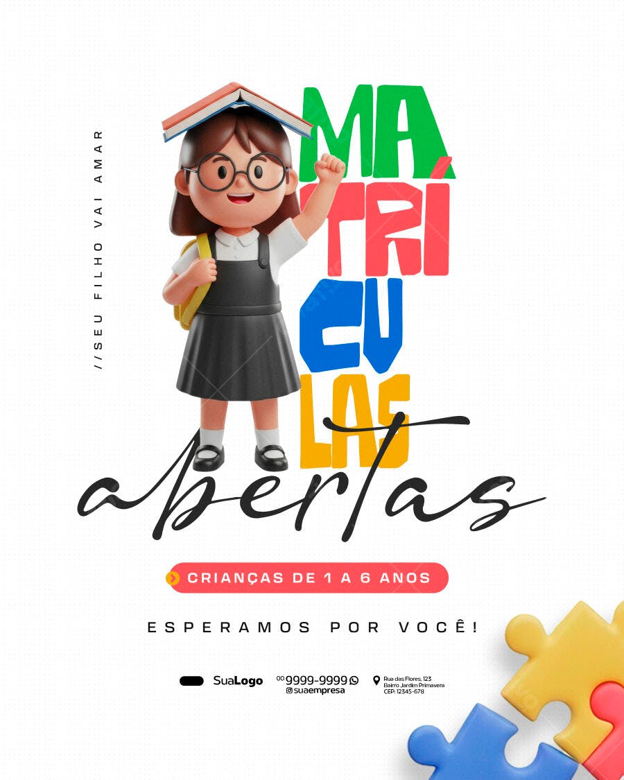 Flyer Matrículas Abertas Menina 3D Livro na Cabeça PSD Editável