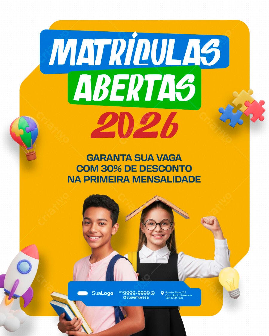 Flyer Escolar Matrículas Abertas 2026 Desconto Crianças PSD Editável